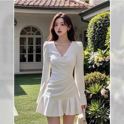 YIMITA summer korean style red long sleeve dress for woman mini formal elegant birthday party christmas dress for teens Lengan panjang