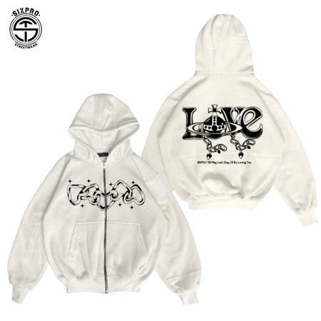 SIXPRO - Hoodie Boxy Zipper Oversize Starboy Broken Putih Pria Wanita Premium