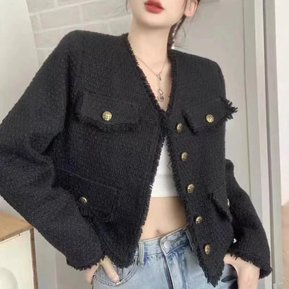 EMITA BLOOM outer hitam crop top lengan panjang kondangan wanita kekinian korean style lebaran 2026 tweed blazer wanita premium