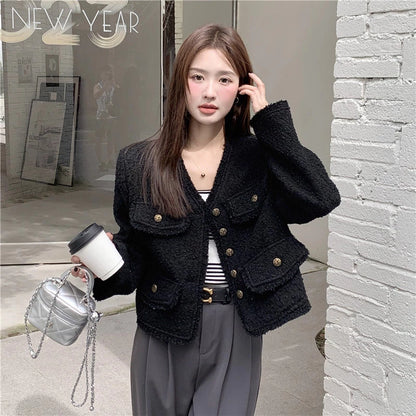 EMITA BLOOM jacket outer hitam polos kondangan wanita kekinian lebaran 2026 korean outer crop top lengan panjang tweed blazer wanita