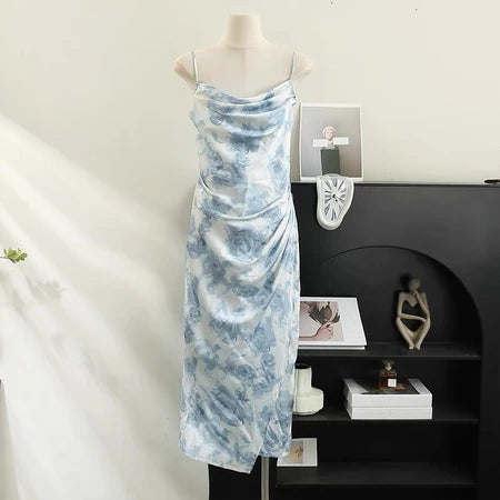 YIMITA dress panjang wanita kekinian korean style tanpa lengan cantik blue elegant party bunga press body dress terbaru 2026