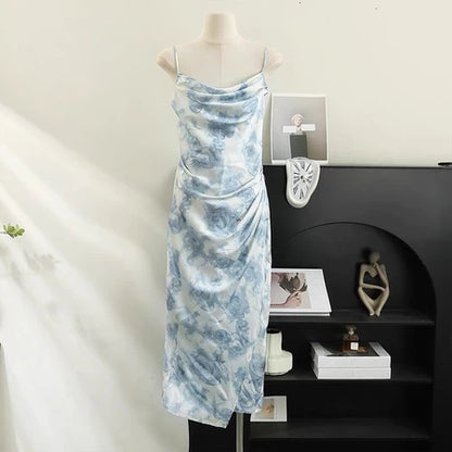 YIMITA dress panjang wanita kekinian korean style tanpa lengan cantik blue elegant party bunga press body dress terbaru 2026