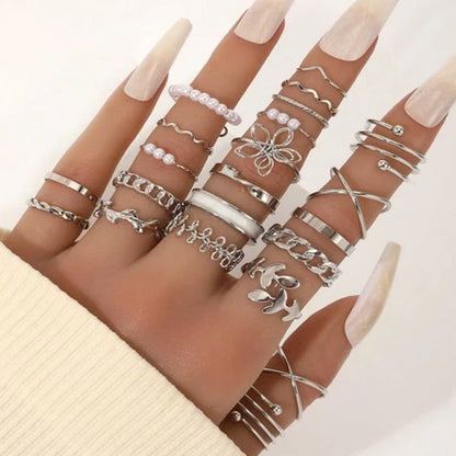 Sadyye 10PCS/SET Cincin Tanaman Rambat Cincin Berongga Bunga Bunga Sederhana Mutiara Imitasi