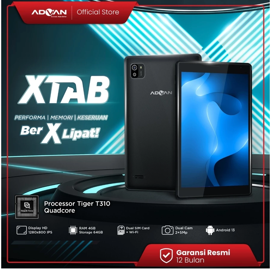 ADVAN XTAB T310 tablet in black color with display on, showing front camera and branding, alongside promotional text and details about the product features.