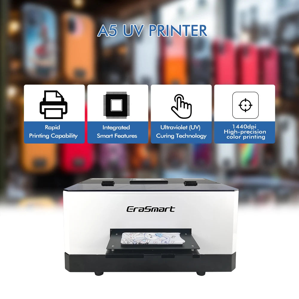 EraSmart Professional Manufacturer Digital Inkjet Small Desktop Printing Machine Flatbed A5 Uv Printer for Phone Case Printing