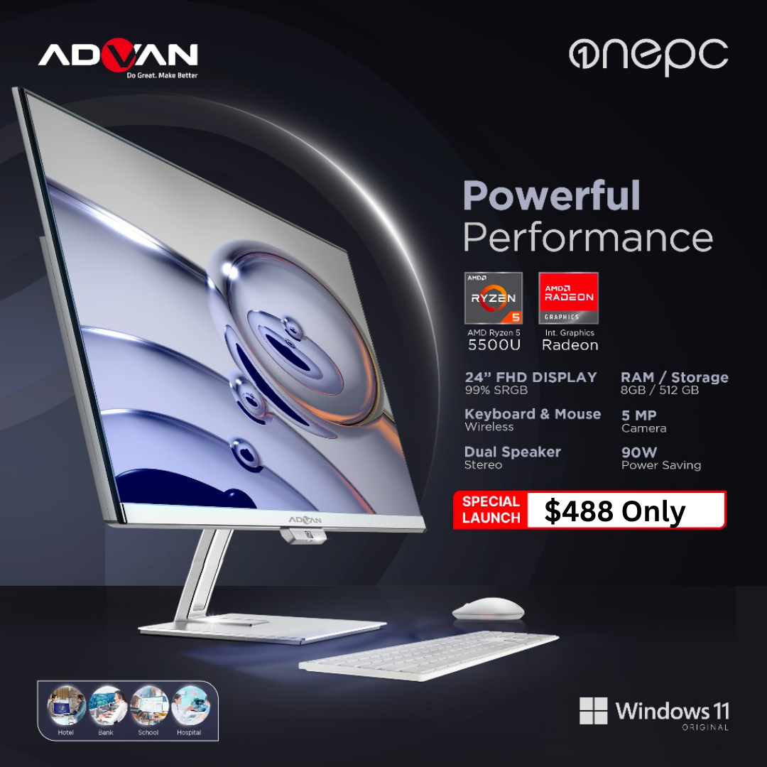 Advan komputer All In One PC AIO OnePC AMD RYZEN 5 5500U 8+512GB Windows 11 24 Inch Full HD 99% SRGB