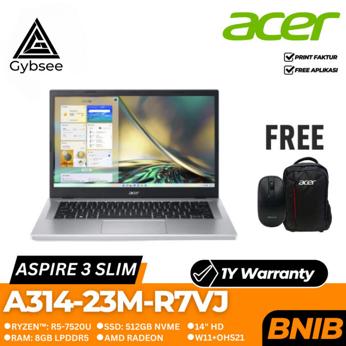 LAPTOP ACER ASPIRE 3 SLIM A314-23M-R7VJ | R5-7520U 8/512 AMD W11+OHS21