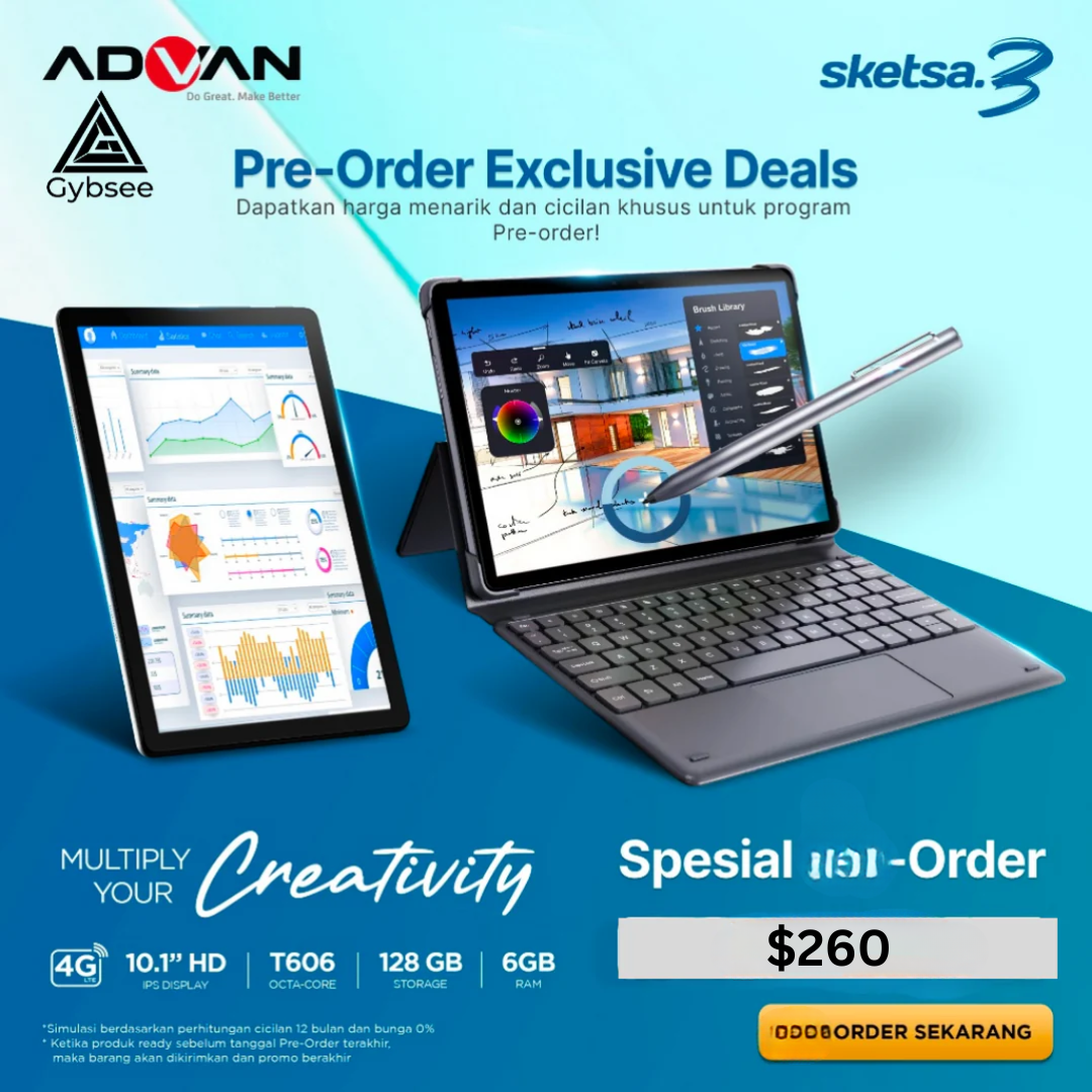 Advertisement image showcasing Advan Tab Sketsa 3 tablet with a keyboard and stylus pen. The tablet is displayed in landscape mode with a presentation on the screen, and in portrait mode with a drawing app open.