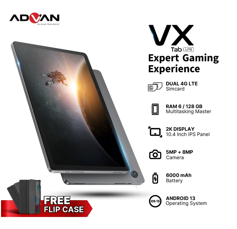 ADVAN VX Lite 10.4-inch tablet with dual SIM card slots and a case, showcasing its screen and camera.