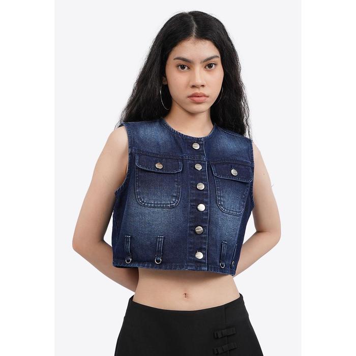 COLORBOX Button Up Denim Cropped Top Dark Blue