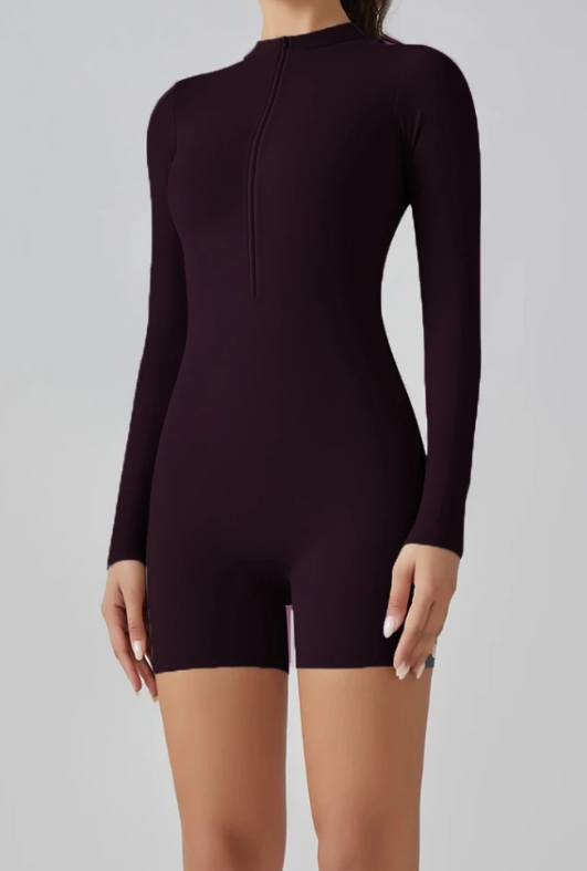 Jumpsuit Olahraga Wanita Lengan Panjang Celana Pendek Ritsleting Depan Yoga Gym Pilates Lari