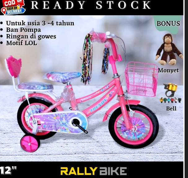 Sepeda Anak 12 Inch RALLY BIKE Trenty Motif LOL | Usia 3–4 Tahun