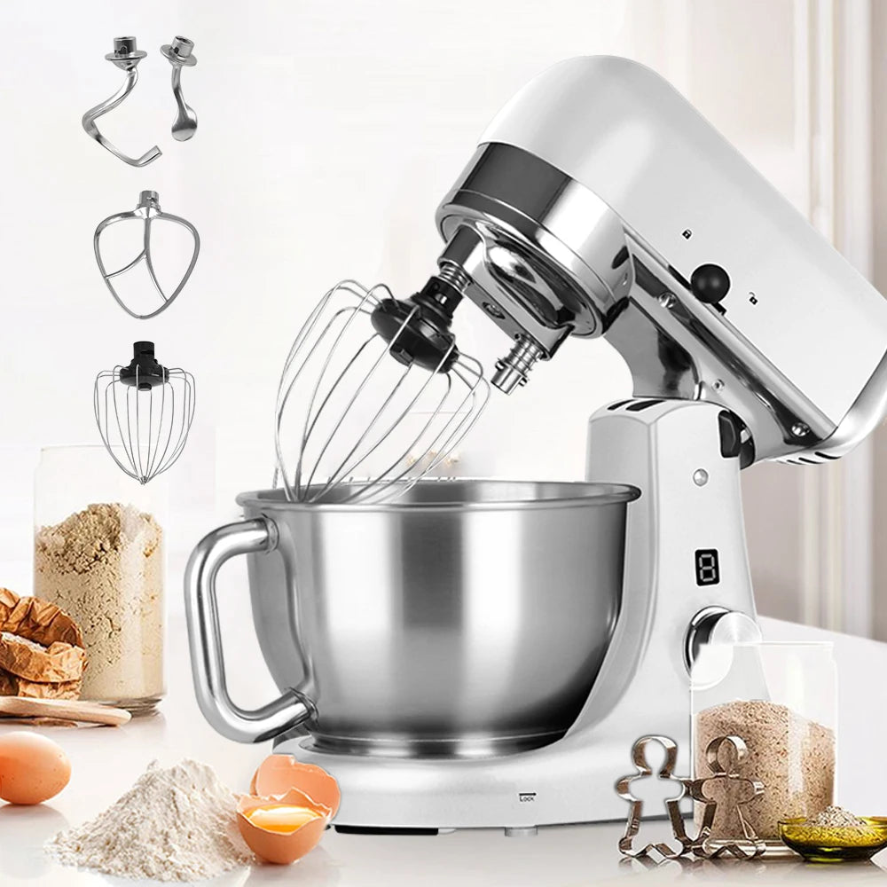 Professional Bakery Dough Mixer 5L 1000W Metal Cast Kitchen Stand Mixer with Double Dough Kneading Hooks  Egg Whisk Beater
