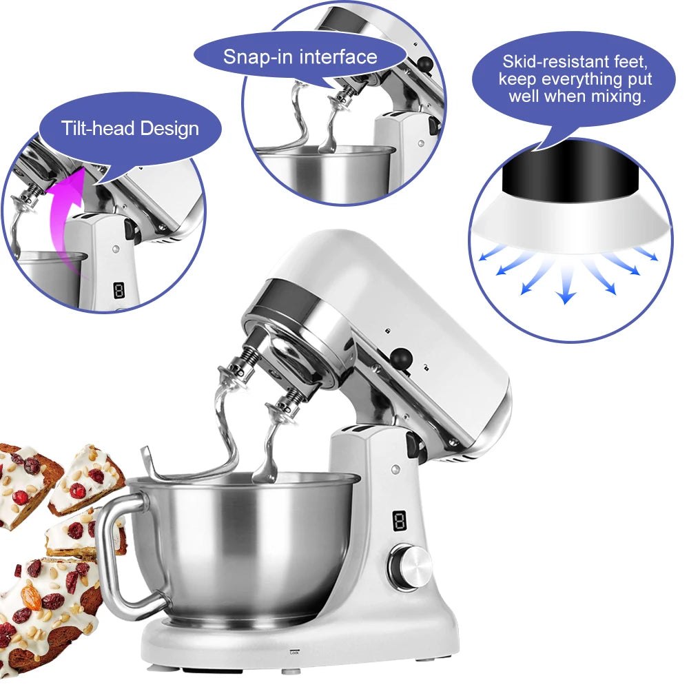 Professional Bakery Dough Mixer 5L 1000W Metal Cast Kitchen Stand Mixer with Double Dough Kneading Hooks  Egg Whisk Beater