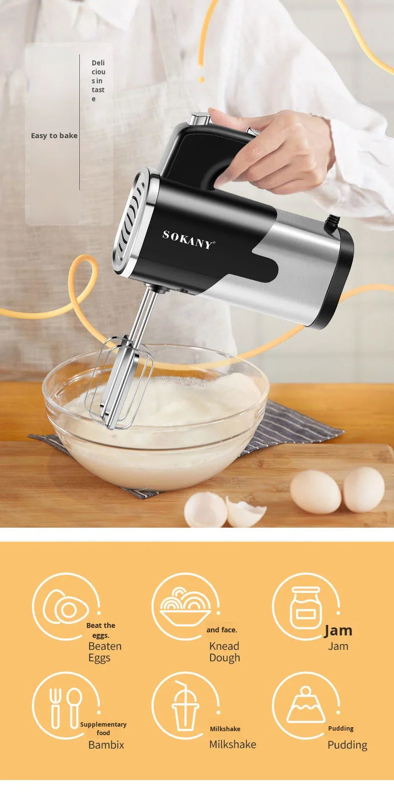 Multi-Speed Electric Hand Mixer with Dough Hooks & Whisk Attachments for Home Kitchen & Commercial Bakery Electric Hand Mixer