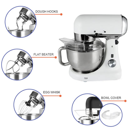 Professional Bakery Dough Mixer 5L 1000W Metal Cast Kitchen Stand Mixer with Double Dough Kneading Hooks  Egg Whisk Beater