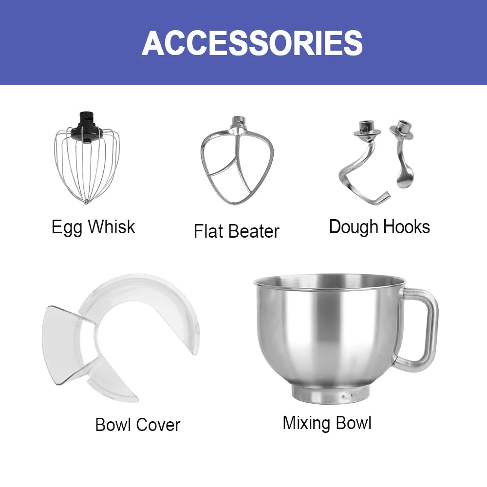 Professional Bakery Dough Mixer 5L 1000W Metal Cast Kitchen Stand Mixer with Double Dough Kneading Hooks  Egg Whisk Beater