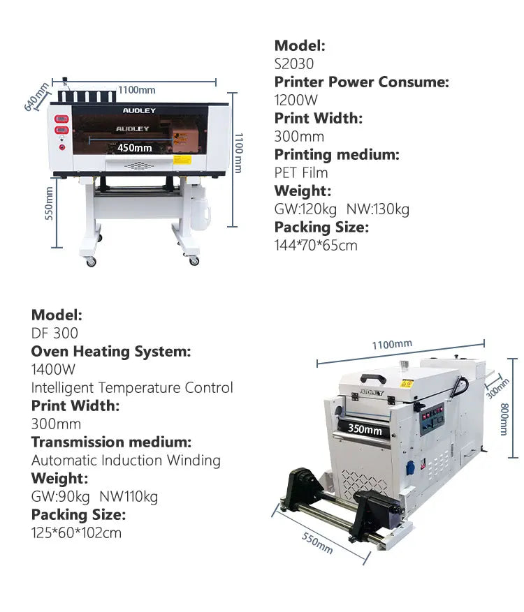 Audley Dtf Printer 30cm A3 Xp600 F1080 Head Dtf Film Printer for t Shirts