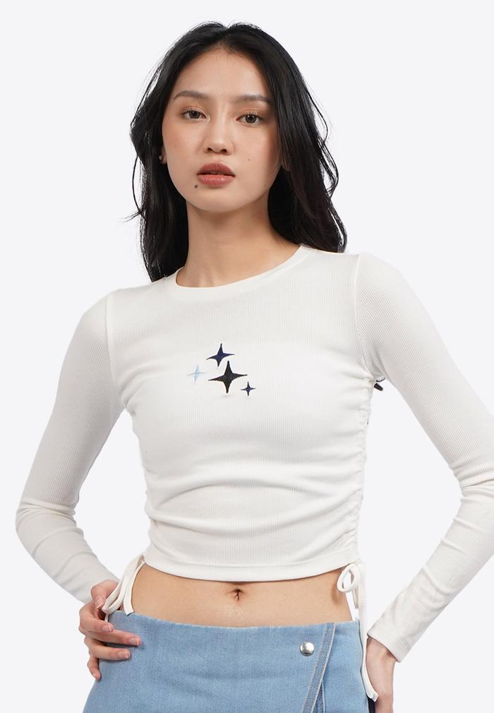 COLORBOX Long Sleeve Top with Side Drawstring Off White