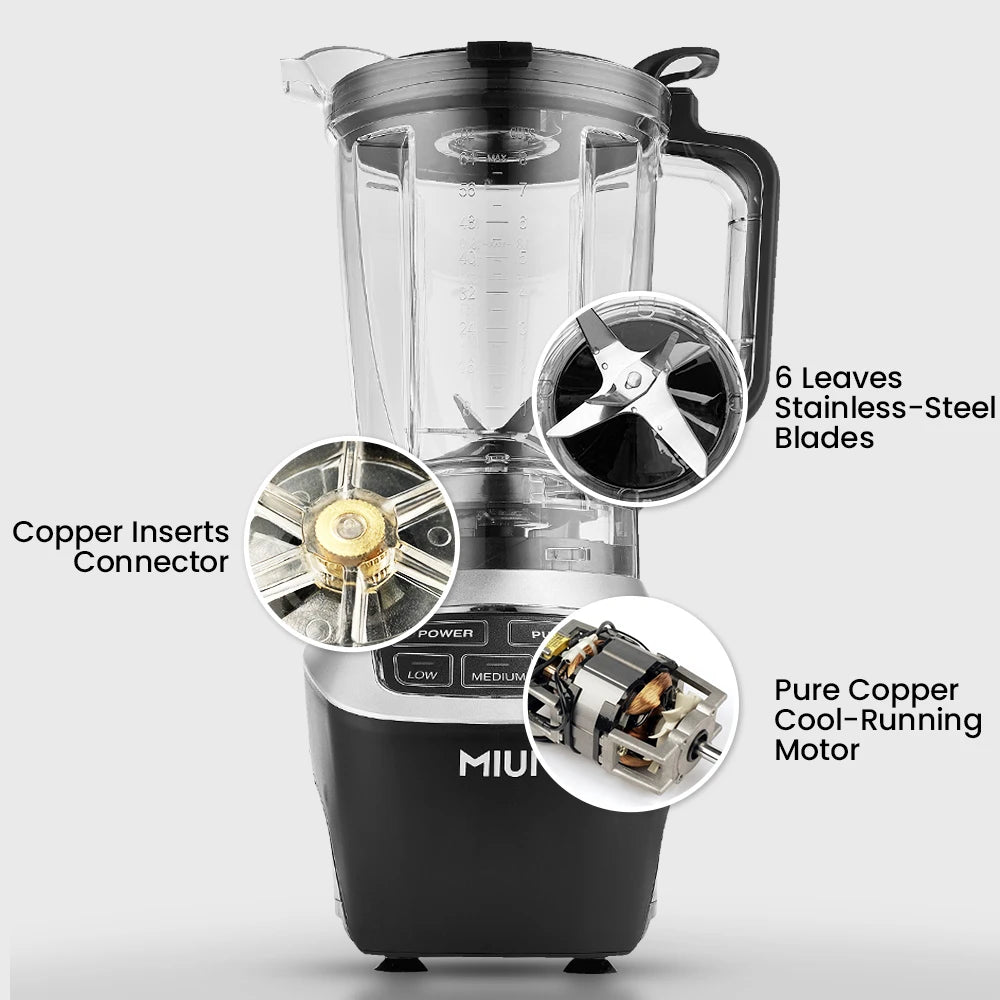 Black blender with labeled features on a white background