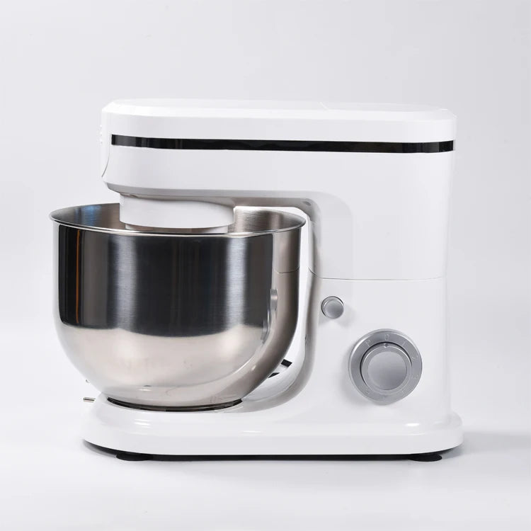 White stand mixer with a silver bowl on a white background
