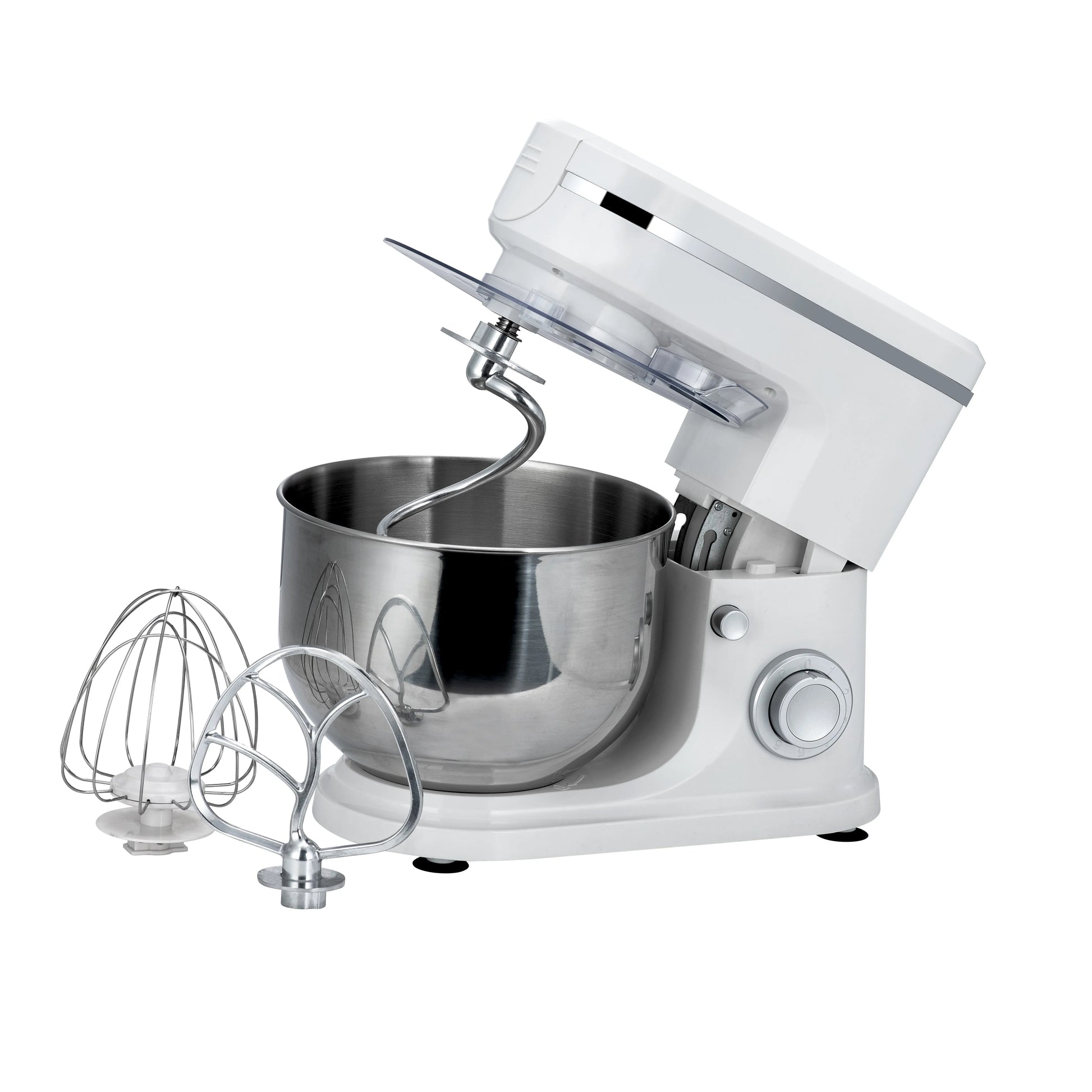 White stand mixer with a silver bowl on a white background