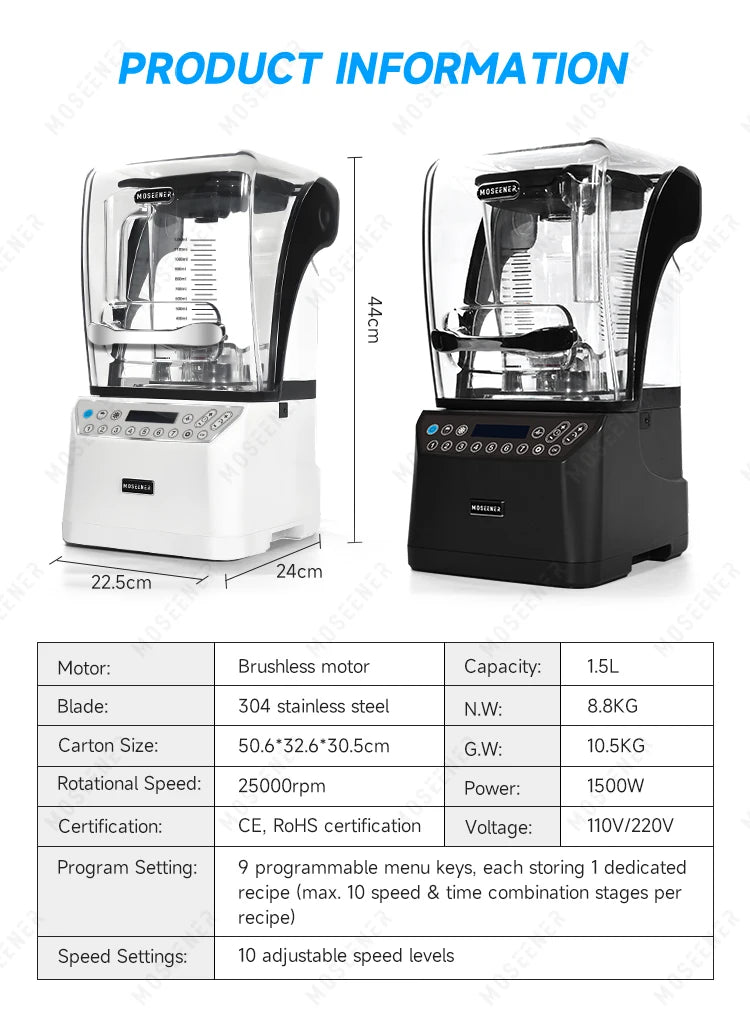 Commercial Stainless Steel 2L Ice Crusher Smoothie Blender Juicer Mixer Functions 1800W Motor 2 Stainless Steel Blades