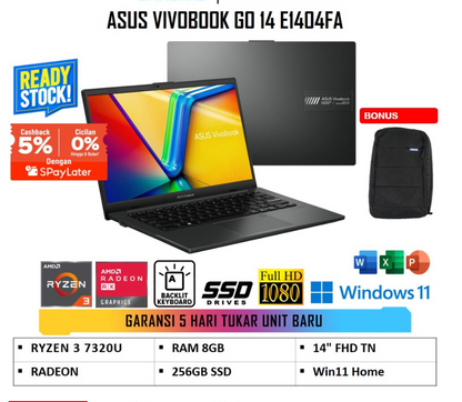 ASUS VIVOBOOK GO 14 E1404FA AMD RYZEN 3 7320U 8GB 256GB SSD Win11+OHS 14" FHD BLACK/GREY