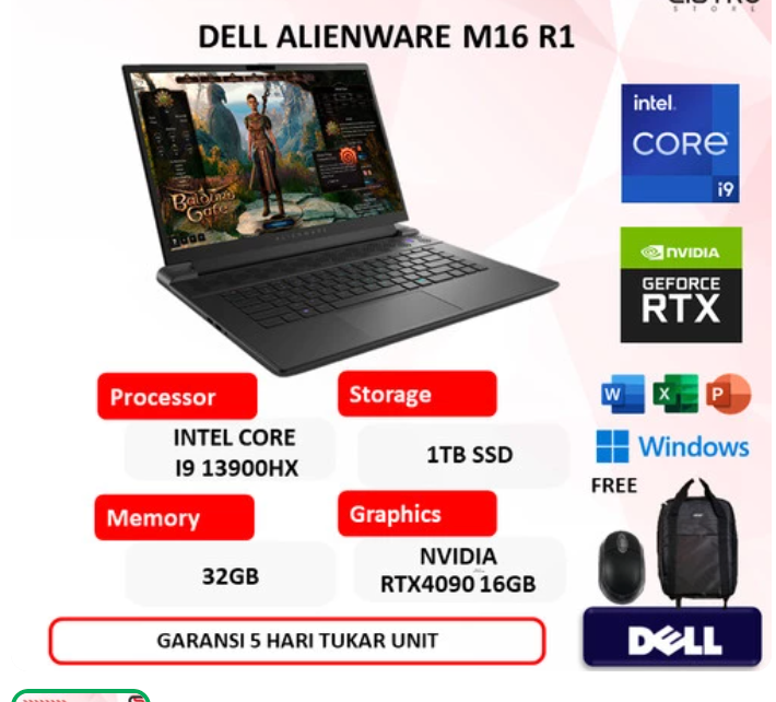 DELL ALIENWARE M16 R1 RTX4090 16GB I9 13900HX 32GB 1TB SSD 250Hz WIN11 - PAKET LENGKAP, i7 RTX4060