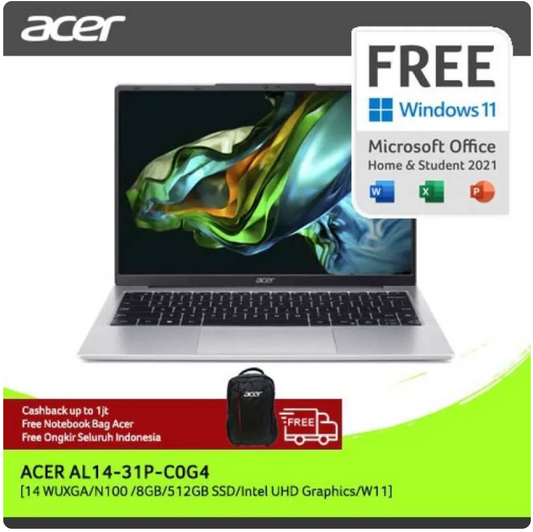 ACER LAPTOP ASPIRE LITE AL14-31P-C0G4 14" WUXGA INTEL N100 RAM 8GB STORAGE 512GB SSD INTEL UHD GRAPHICS WINDOWS 11