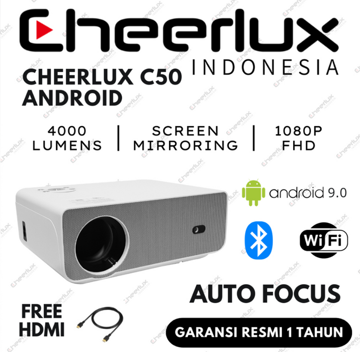 Proyektor Cheerlux C50 Android Wifi Bluetooth Auto Focus 4000 Lumens 1080P FHD | Projector Cheerlux C50 Android Wifi Mirroring Ke HP