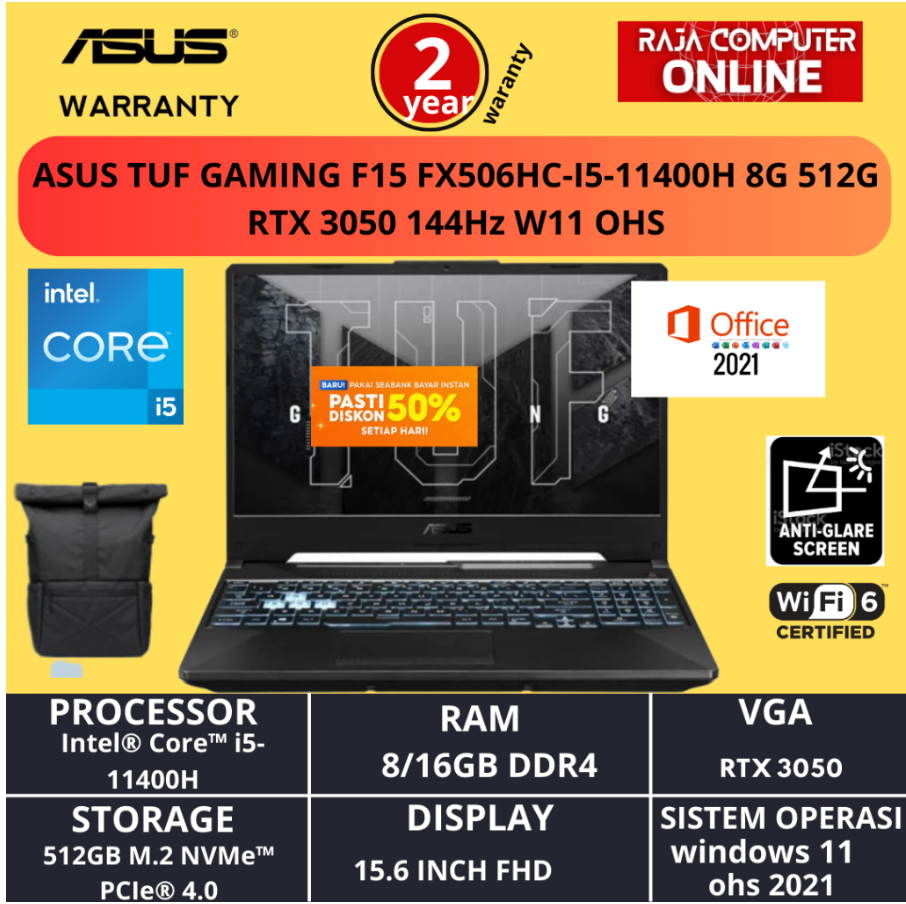 Laptop ASUS TUF GAMING F15 FX506HC-I5-11400H 8 512G RTX 3050 144Hz W11 OHS resmi