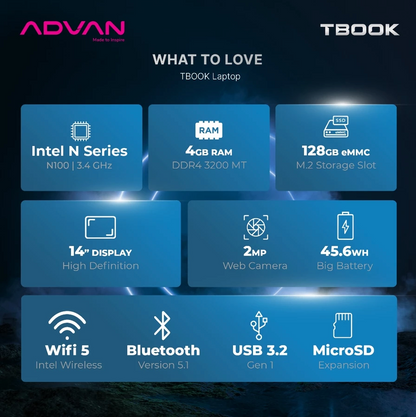 ADVAN Laptop TBook X Transformer | TbookN100 Intel N100 4Gb/128GB 14" HD Free Windows 11