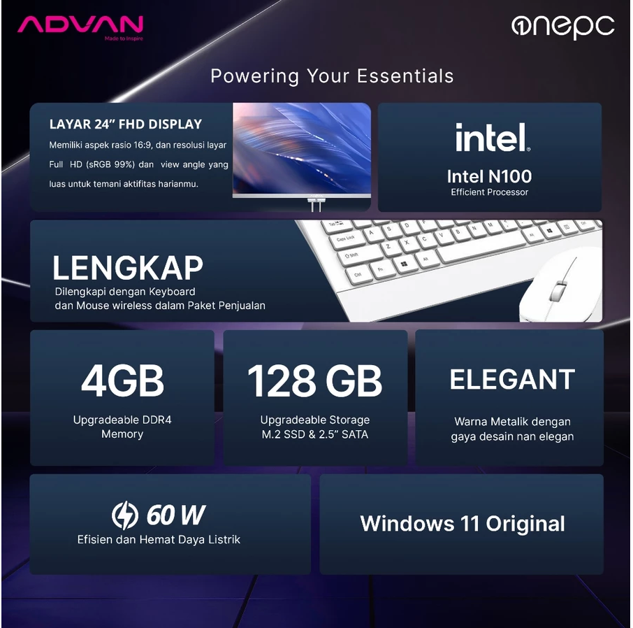 ADVAN All in One PC AIO ONEPC Intel N100 99% SRGB 60W Power Saving Windows 11