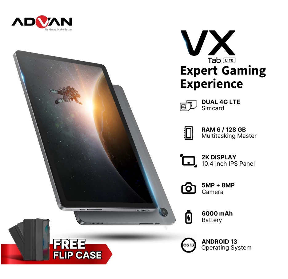 ADVAN Notebook Tab Vx Lite 10.4” Octa Core 2.0Ghz Tablet Dual Sim Card 4G LTE