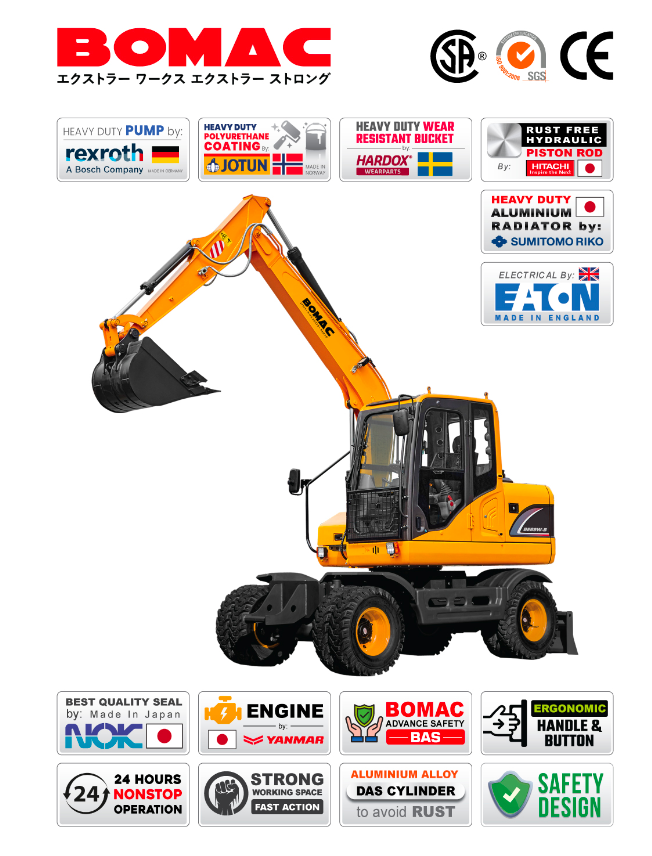 BOMAC Heavy Duty Wheel Excavator with YANMAR Engine, JAPAN • Model : BE69W-B