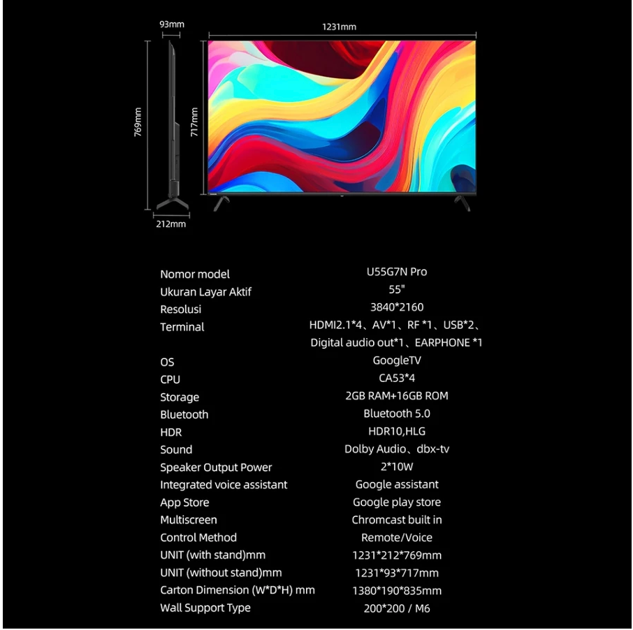Google TV Changhong 43 Inch - 55 inch Smart TV 4K UHD-HDR10 DBX Dolby Audio Google Assistant Netflix Youtube Digital TV (U55G7N Pro)