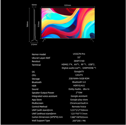 Google TV Changhong 43 Inch - 55 inch Smart TV 4K UHD-HDR10 DBX Dolby Audio Google Assistant Netflix Youtube Digital TV (U55G7N Pro)