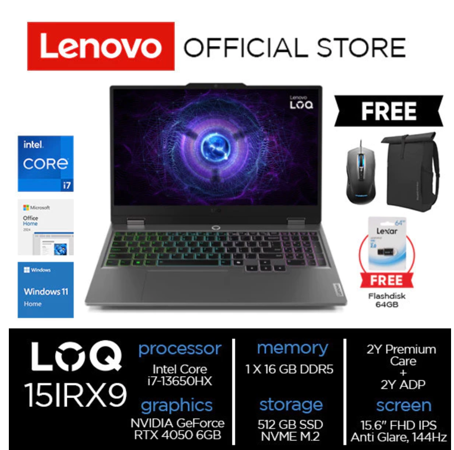 Lenovo LOQ 15IRX9 Core i7-13650HX 16GB 512GB SSD RTX 4050 6GB W11 + M365 + OH2024 15.6" FHD IPS 300n
