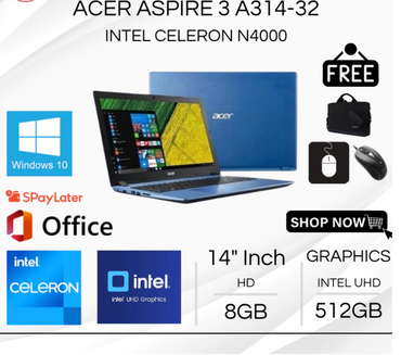 ACER ASPIRE 3 A314-32 INTEL CELERON N4000 | 14 INCH WINDOWS 10 + OFFICE - BONUS TAS LAPTOP, MOUSE
