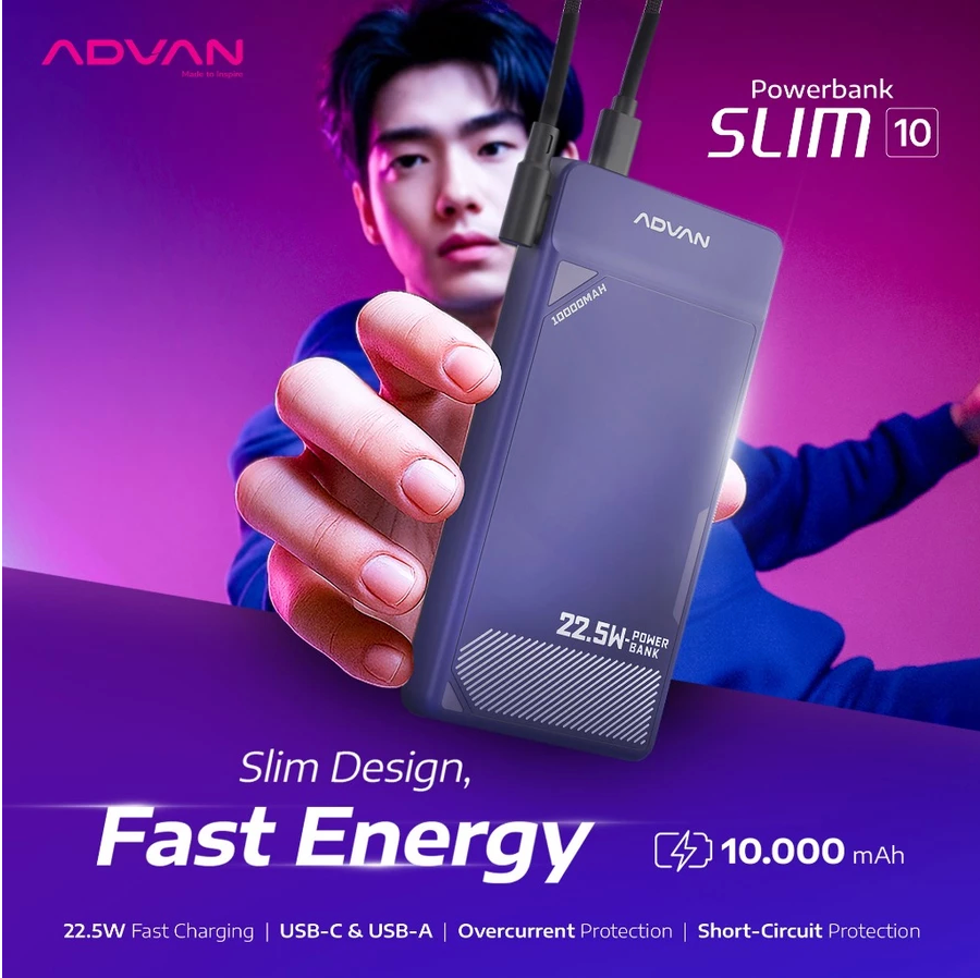 ADVAN Powerbank Slim10 | 10000mAh | 22.5W PD Fast Charging Dual Output Type-C Type-A |