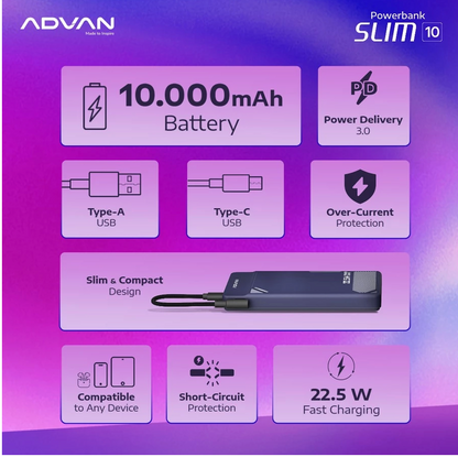 ADVAN Powerbank Slim10 | 10000mAh | 22.5W PD Fast Charging Dual Output Type-C Type-A |