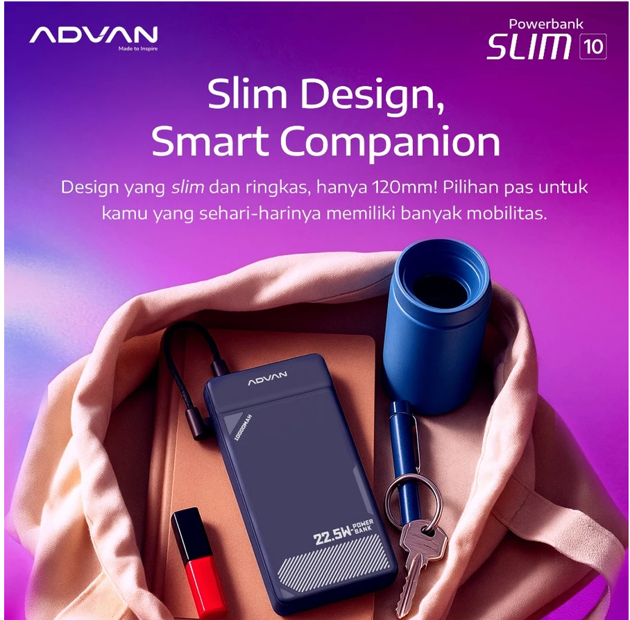 ADVAN Powerbank Slim10 | 10000mAh | 22.5W PD Fast Charging Dual Output Type-C Type-A |