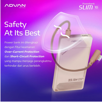 ADVAN Powerbank Slim10 | 10000mAh | 22.5W PD Fast Charging Dual Output Type-C Type-A |
