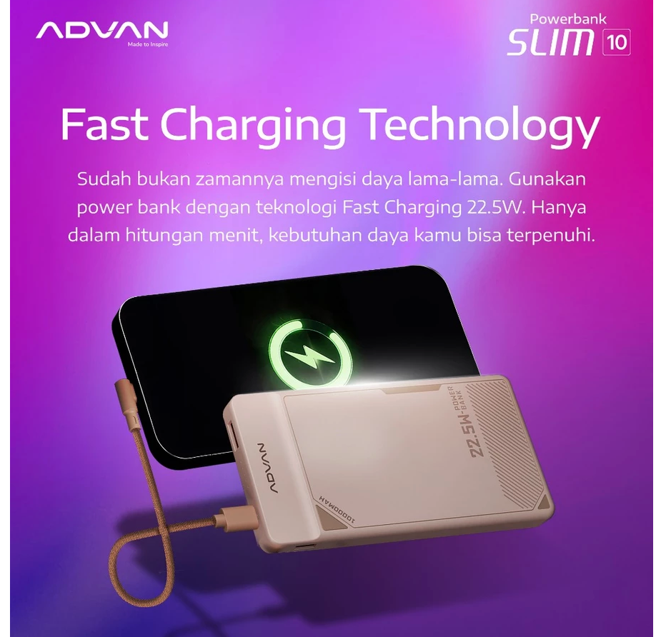 ADVAN Powerbank Slim10 | 10000mAh | 22.5W PD Fast Charging Dual Output Type-C Type-A |