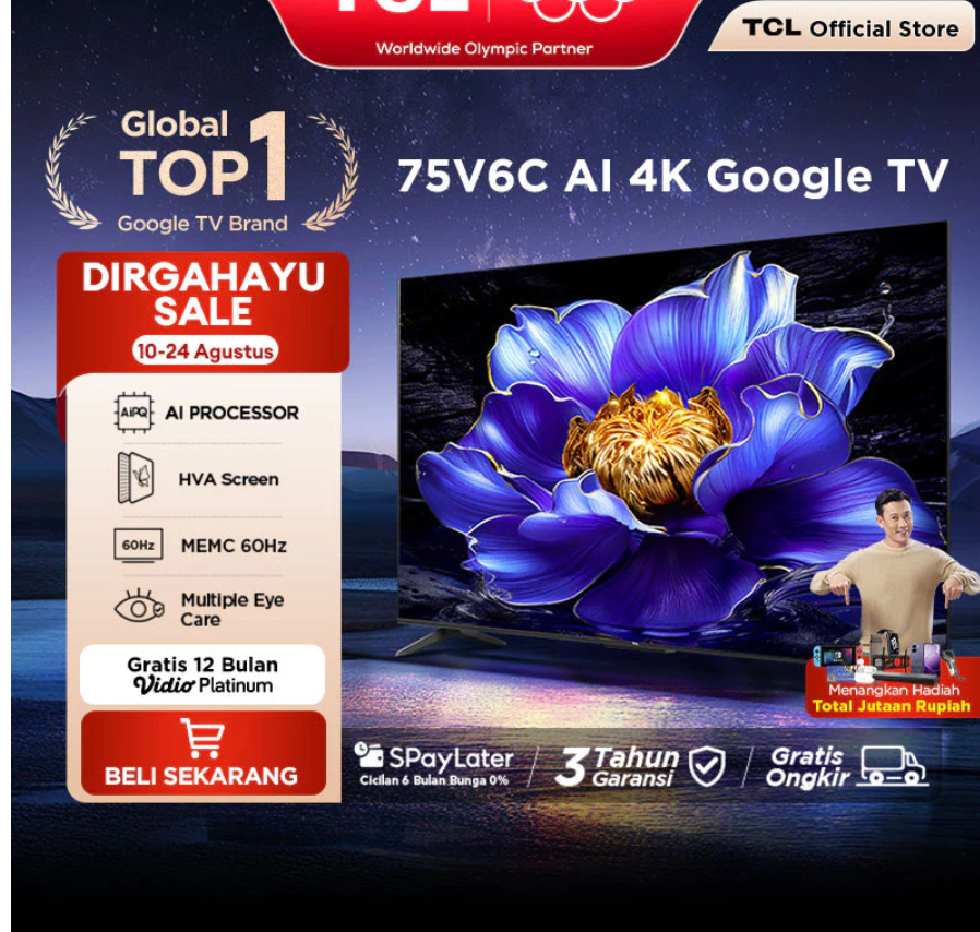 TCL AI 4K Google TV 75 inch V6C - MEMC - HDR 10 - HVA Panel - Dolby Audio - Google Play/Netflix/Youtube/Disney+Hotstar - Smart