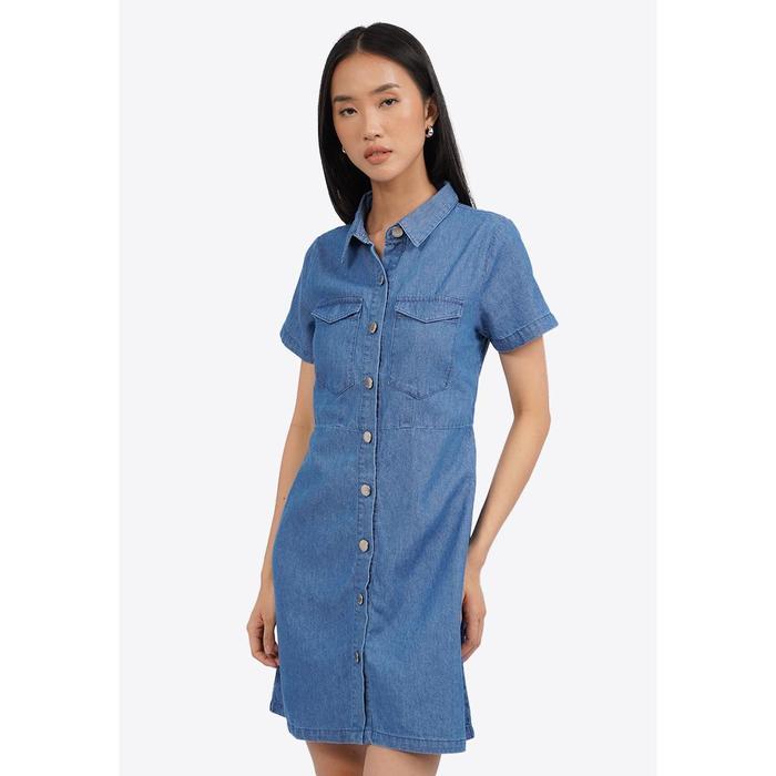 COLORBOX Short Sleeve Denim Mini Dress Med Blue