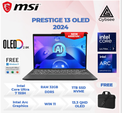 LAPTOP MSI PRESTIGE 13 OLED ULTRA 7 155 32GB 1TB SSD 13,3 OLED 2.8K - PAKET LENGKAP