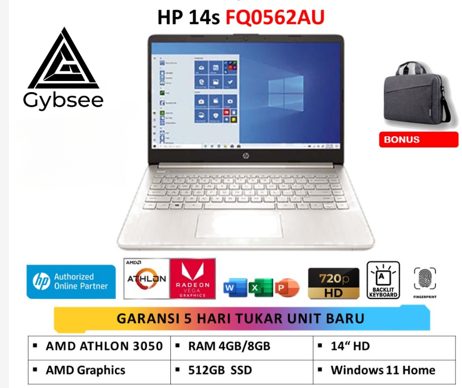 HP 14S FQ0562AU AMD ATHLON SILVER 3050 RAM 4GB/8GB 512GB SSD WIN11 OHS 14" HD BACKLIT SILVER