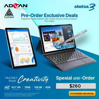 Advan Tab Sketsa 3 Layar 10.1” HD IPS 128GB+RAM 6GB Tiger T606 Android 13 Dual Sim Card Free Keyboard & Stylus Pen